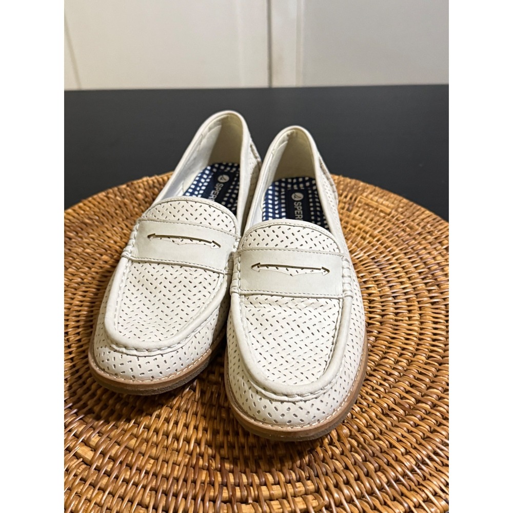 Sperry Seaport Penny Loafers White Perforated Leather Flats STS89261 Womens 8.5
